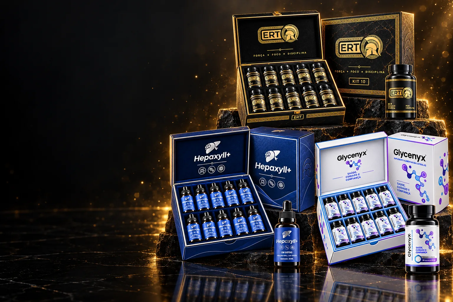 Kits de 10 frascos ERT, Hepaxyll+ e Glycenyx sobre mármore negro